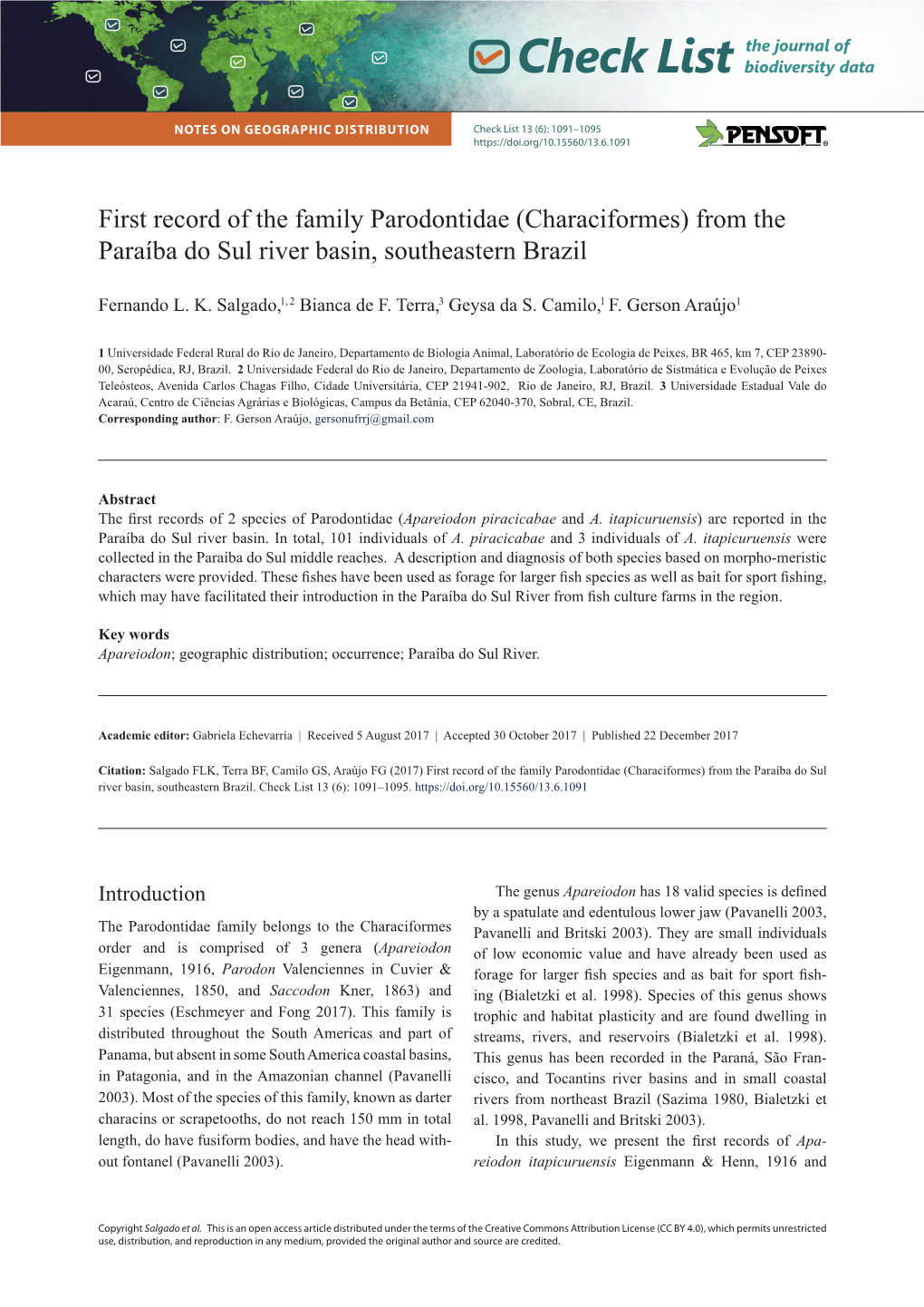 First Record of the Family Parodontidae (Characiformes) from the Paraíba Do Sul River Basin, Southeastern Brazil