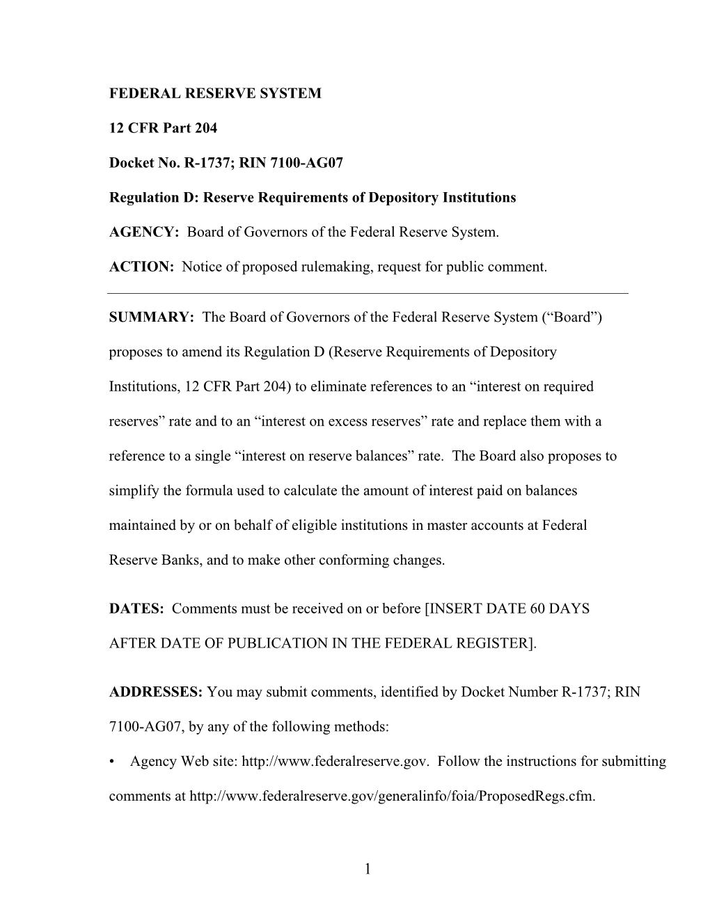 Regulation D: Reserve Requirements of Depository Institutions