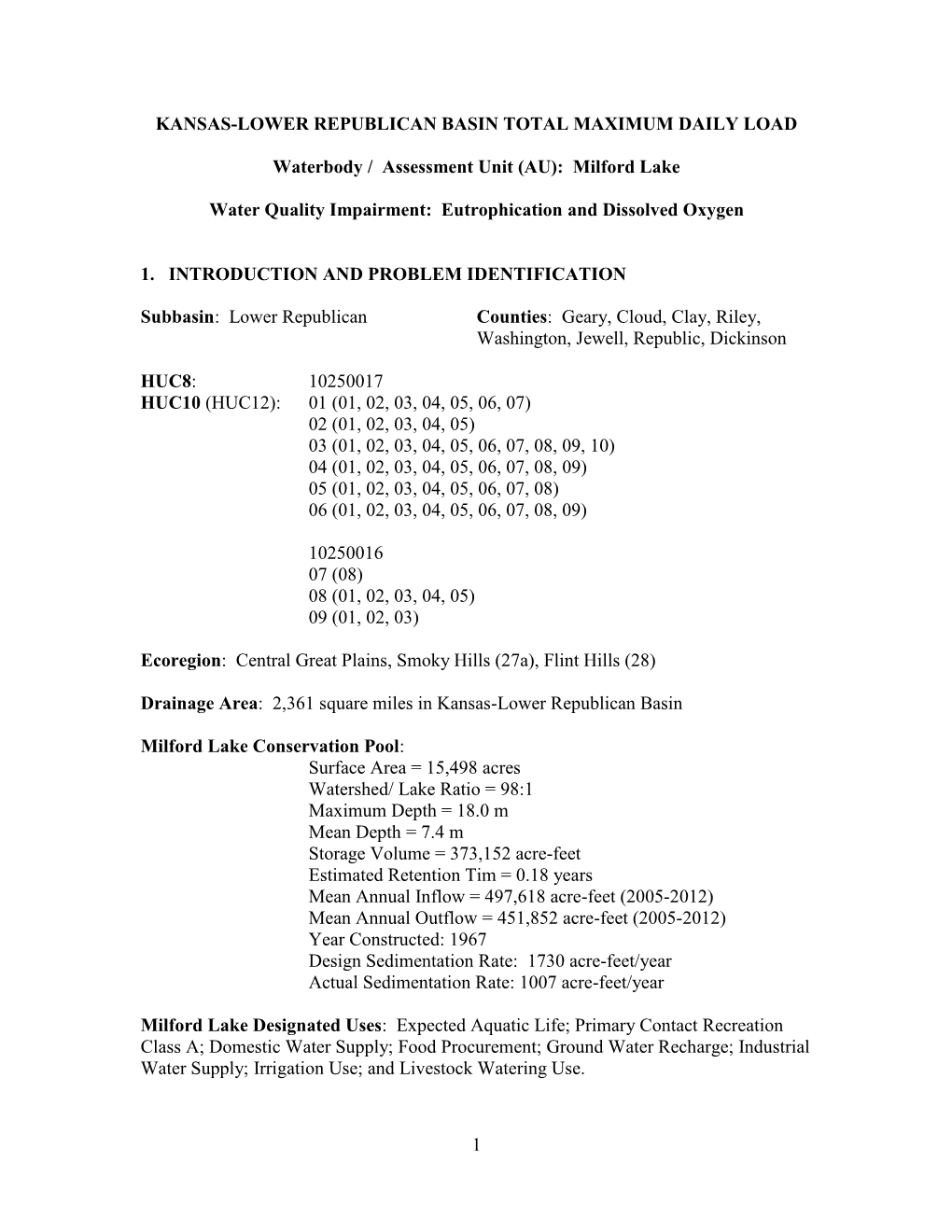 Milford Lake – Eutrophication and Dissolved Oxygen