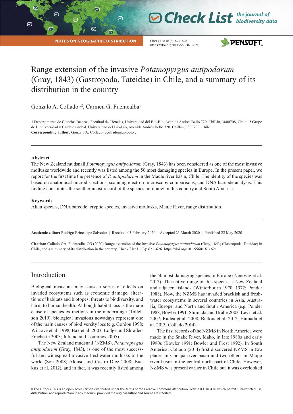 Potamopyrgus Antipodarum (Gray, 1843) (Gastropoda, Tateidae) in Chile, and a Summary of Its Distribution in the Country