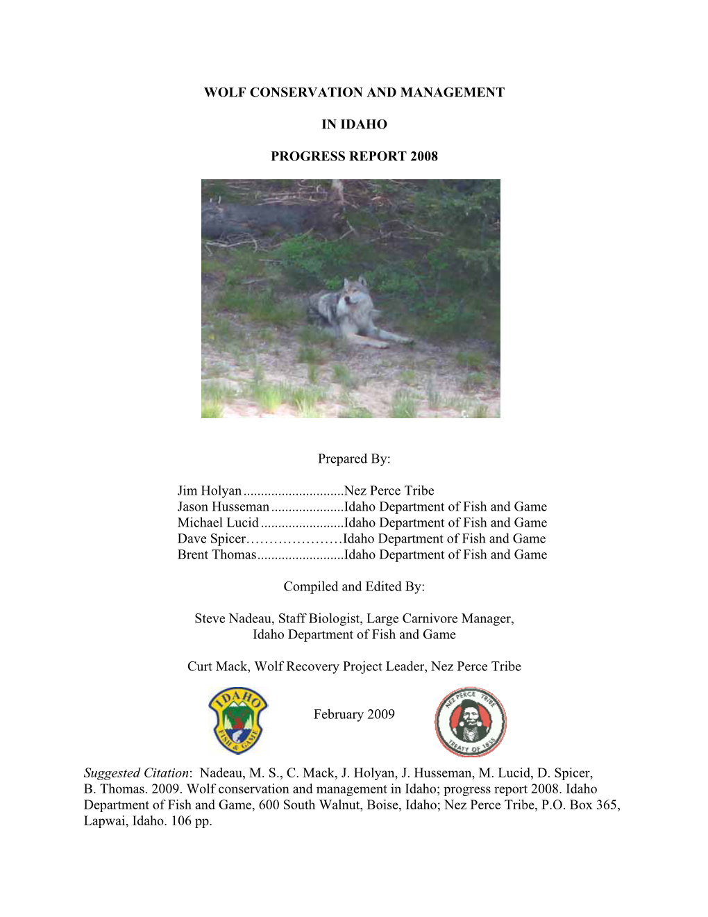 2008 Wolf Conservation and Management Progress Report