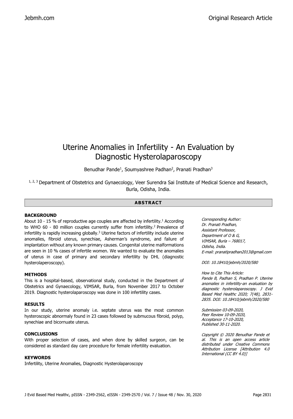 Uterine Anomalies in Infertility - an Evaluation by Diagnostic Hysterolaparoscopy