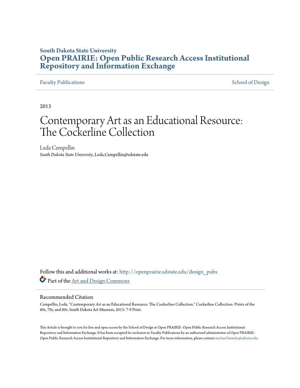 Contemporary Art As an Educational Resource: the Cockerline Collection