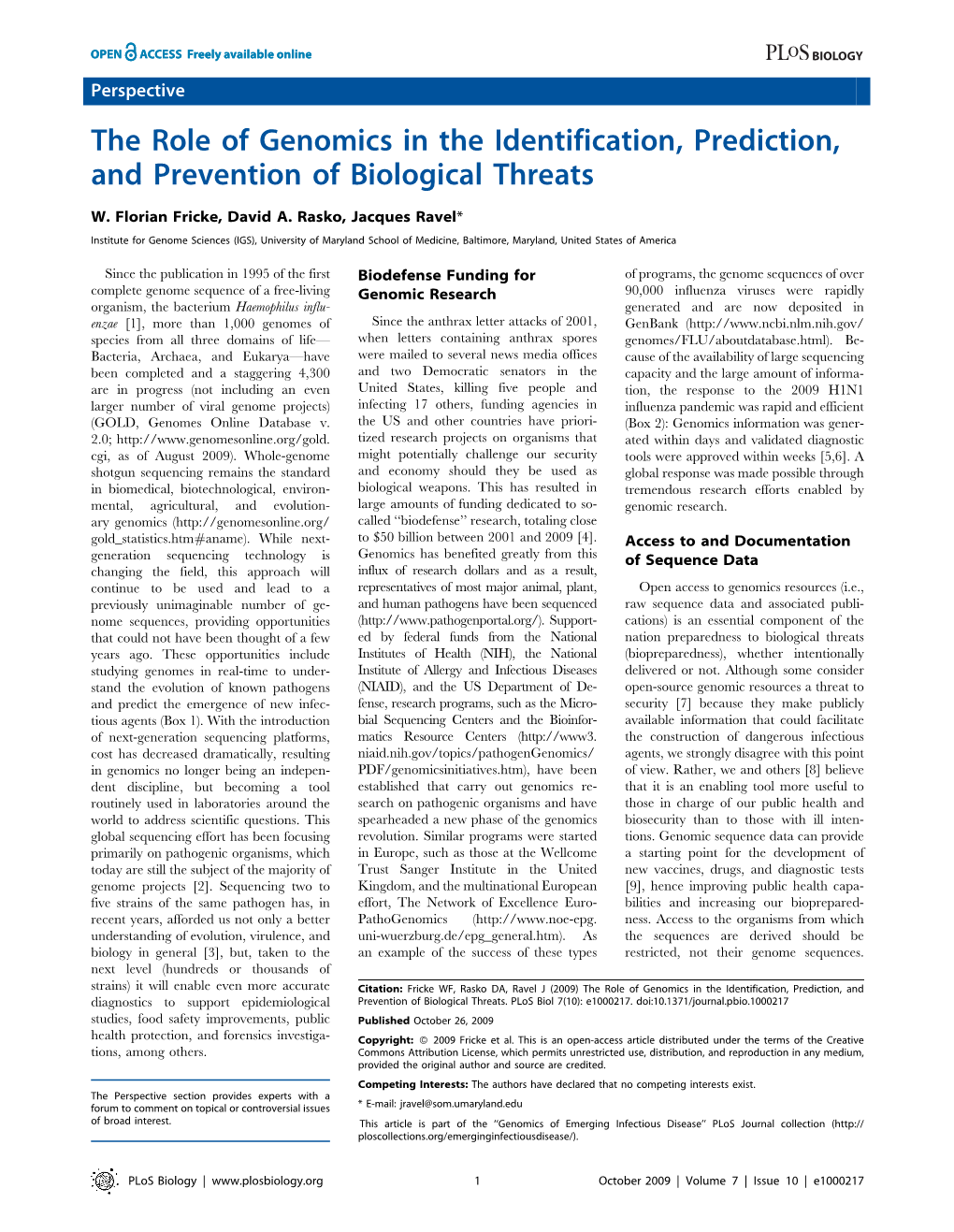 The Role of Genomics in the Identification, Prediction, and Prevention of Biological Threats