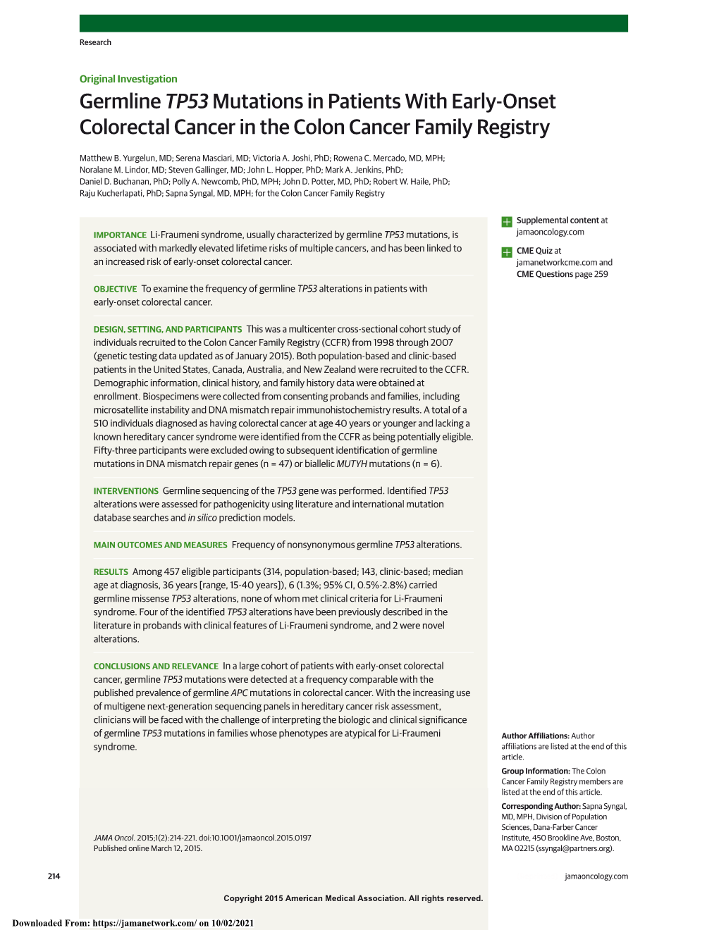 Germline TP53 Mutations in Patients with Early-Onset Colorectal Cancer in the Colon Cancer Family Registry