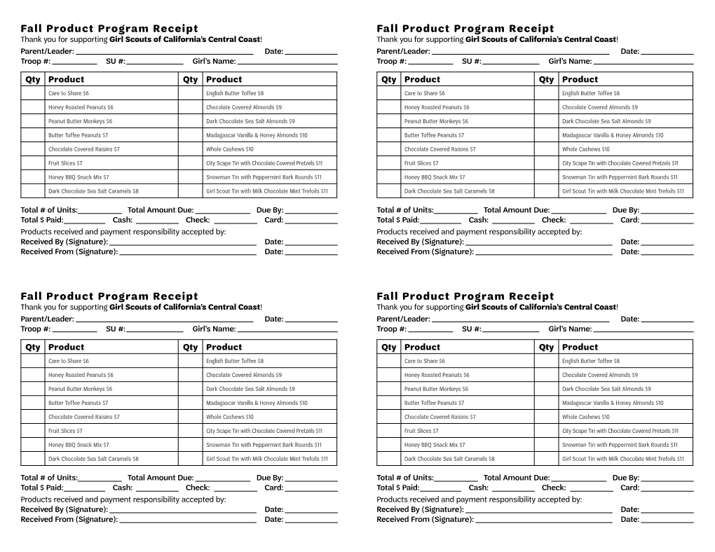 Fall Product Program Receipt Fall Product Program Receipt Fall