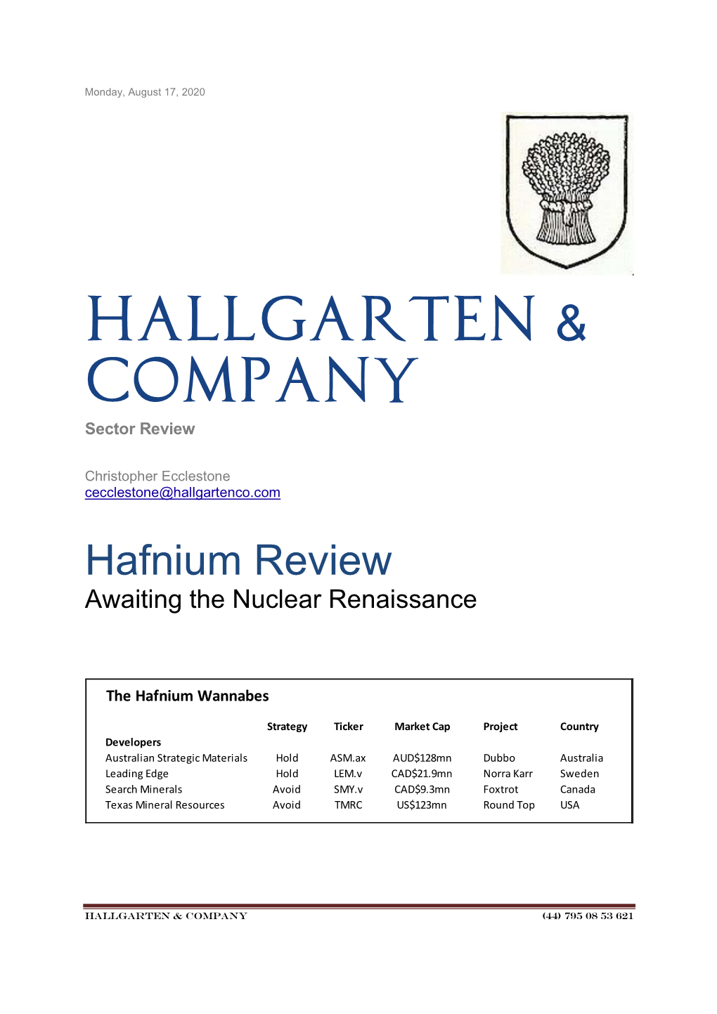 Hafnium Review Awaiting the Nuclear Renaissance