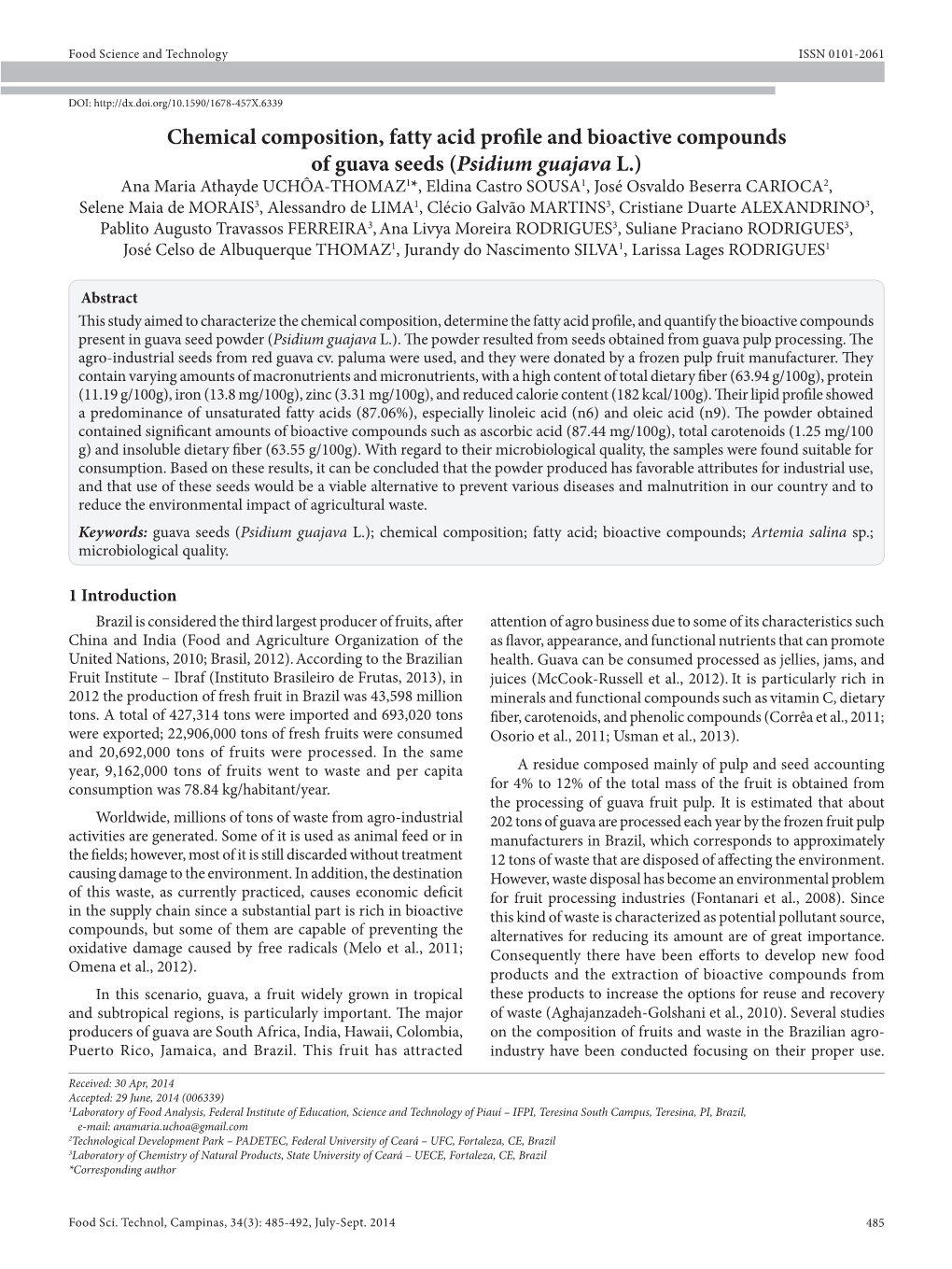 Chemical Composition, Fatty Acid Profile and Bioactive Compounds Of