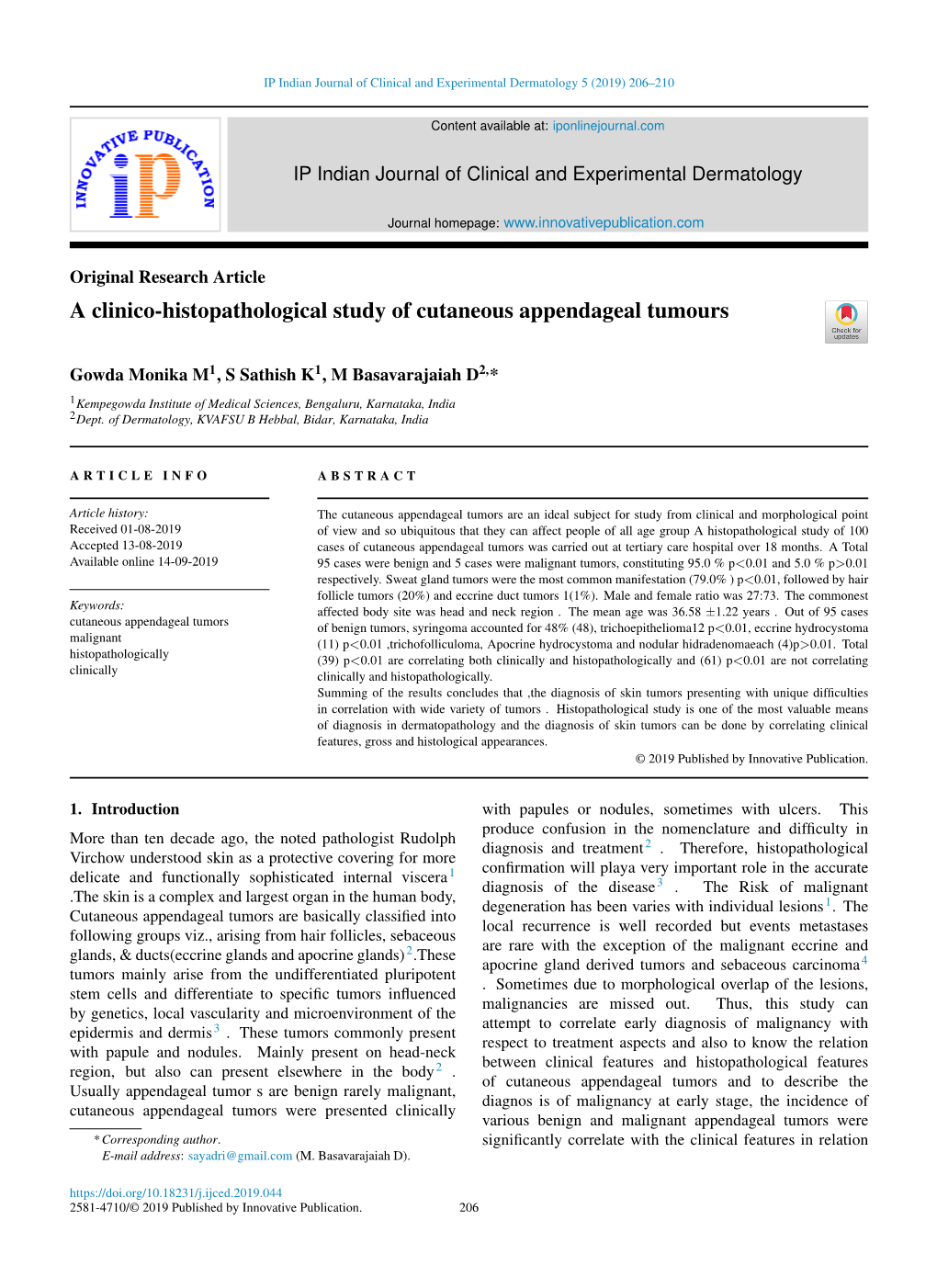 A Clinico-Histopathological Study of Cutaneous Appendageal Tumours