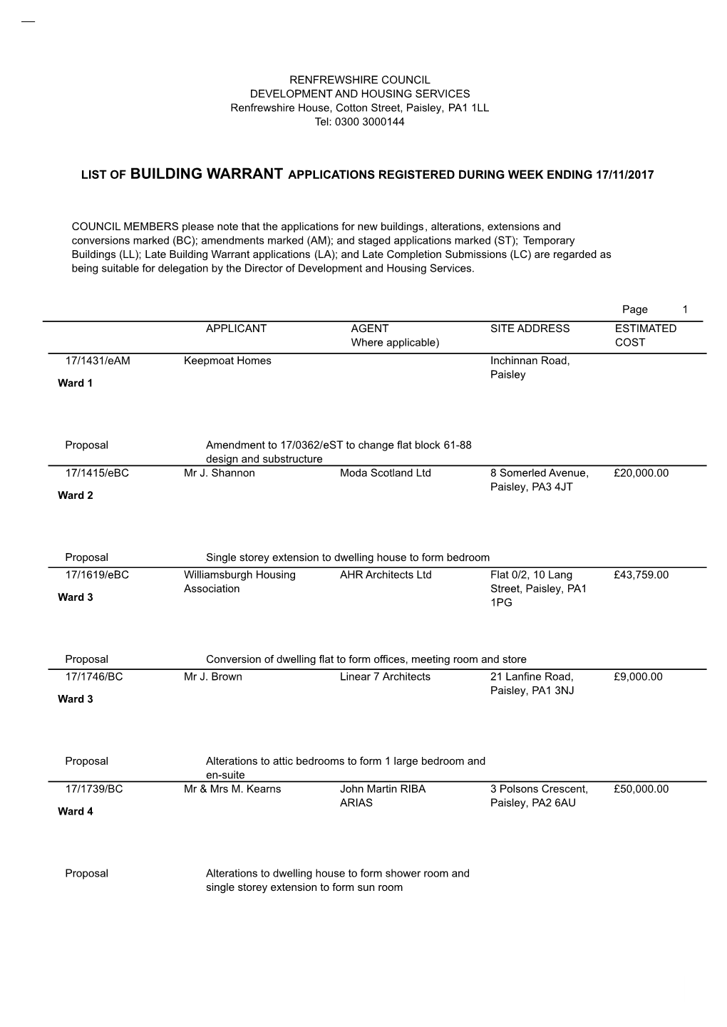 List of Building Warrant Applications Registered During Week Ending 17/11/2017