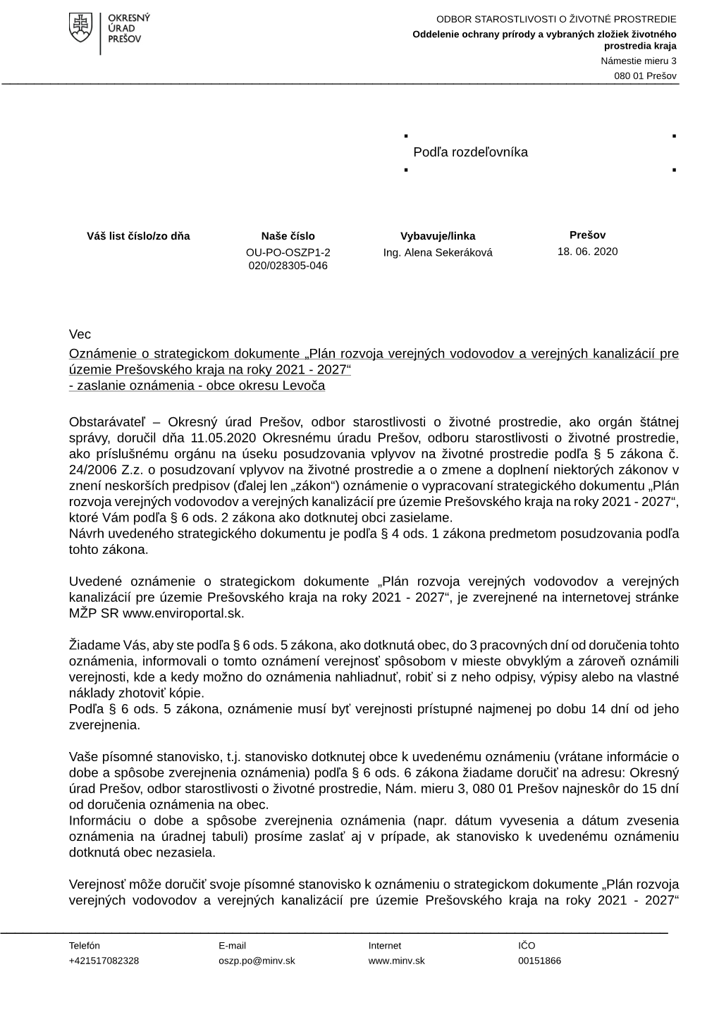 Plán Rozvoja Verejných Vodovodov a Verejných Kanalizácií Pre Územie Prešovského Kraja Na Roky 2021 - 2027“ - Zaslanie Oznámenia - Obce Okresu Levoča