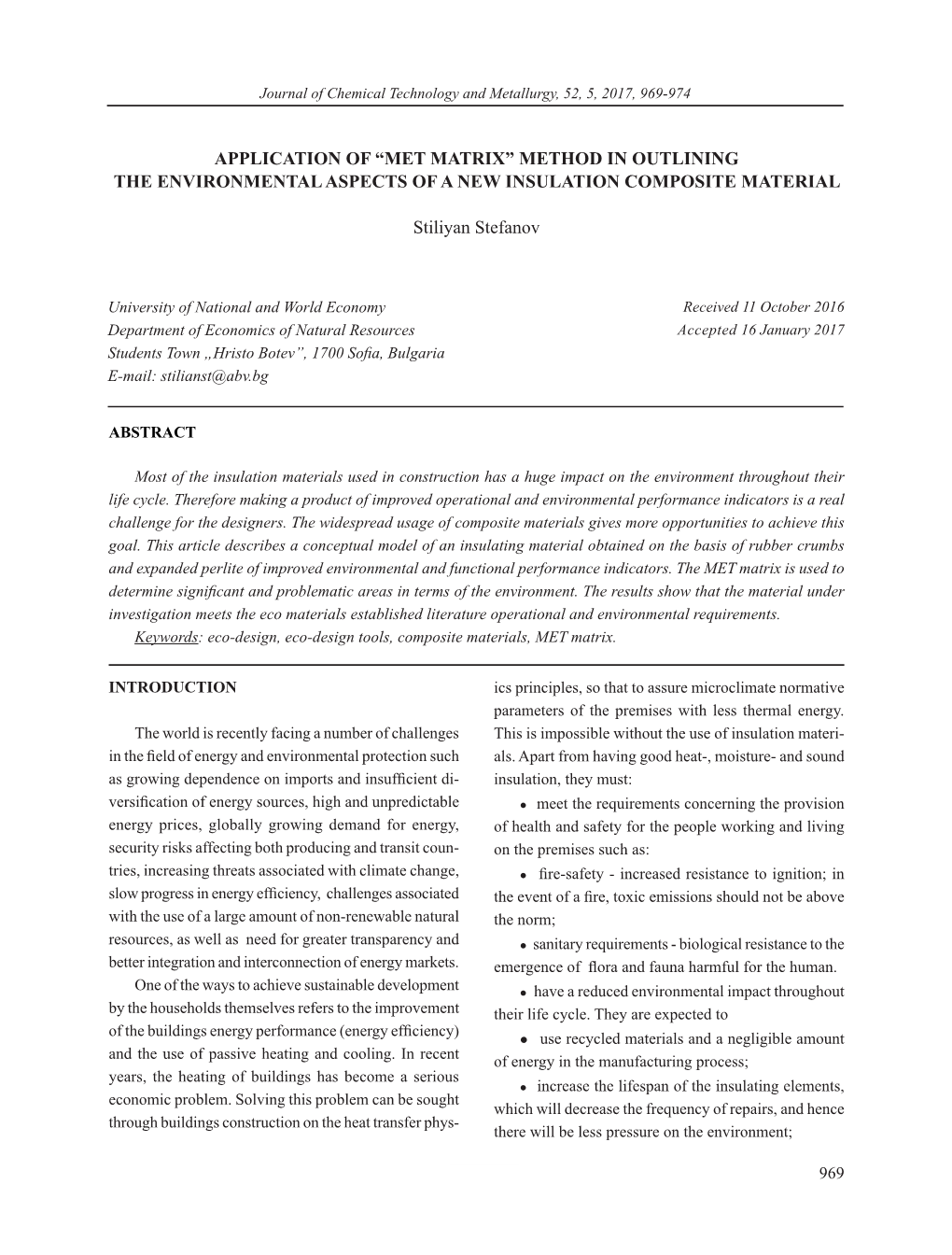 Met Matrix” Method in Ouтlining the Environmental Aspects of a New Insulation Composite Material