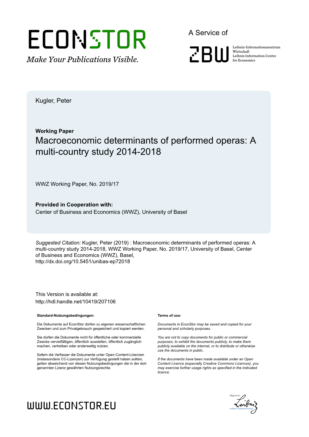 Macroeconomic Determinants of Performed Operas: a Multi-Country Study 2014-2018