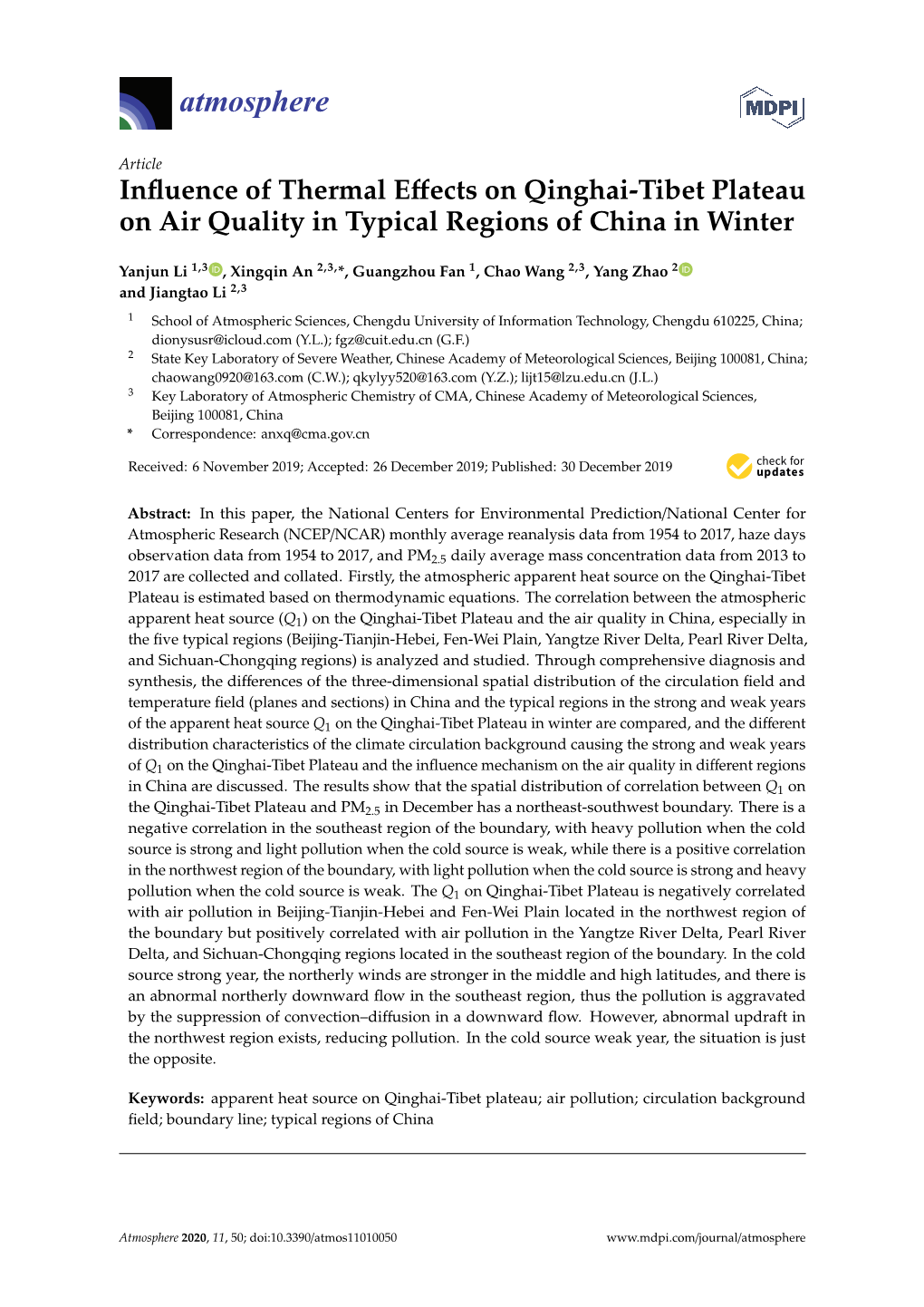 Influence of Thermal Effects on Qinghai-Tibet Plateau on Air Quality
