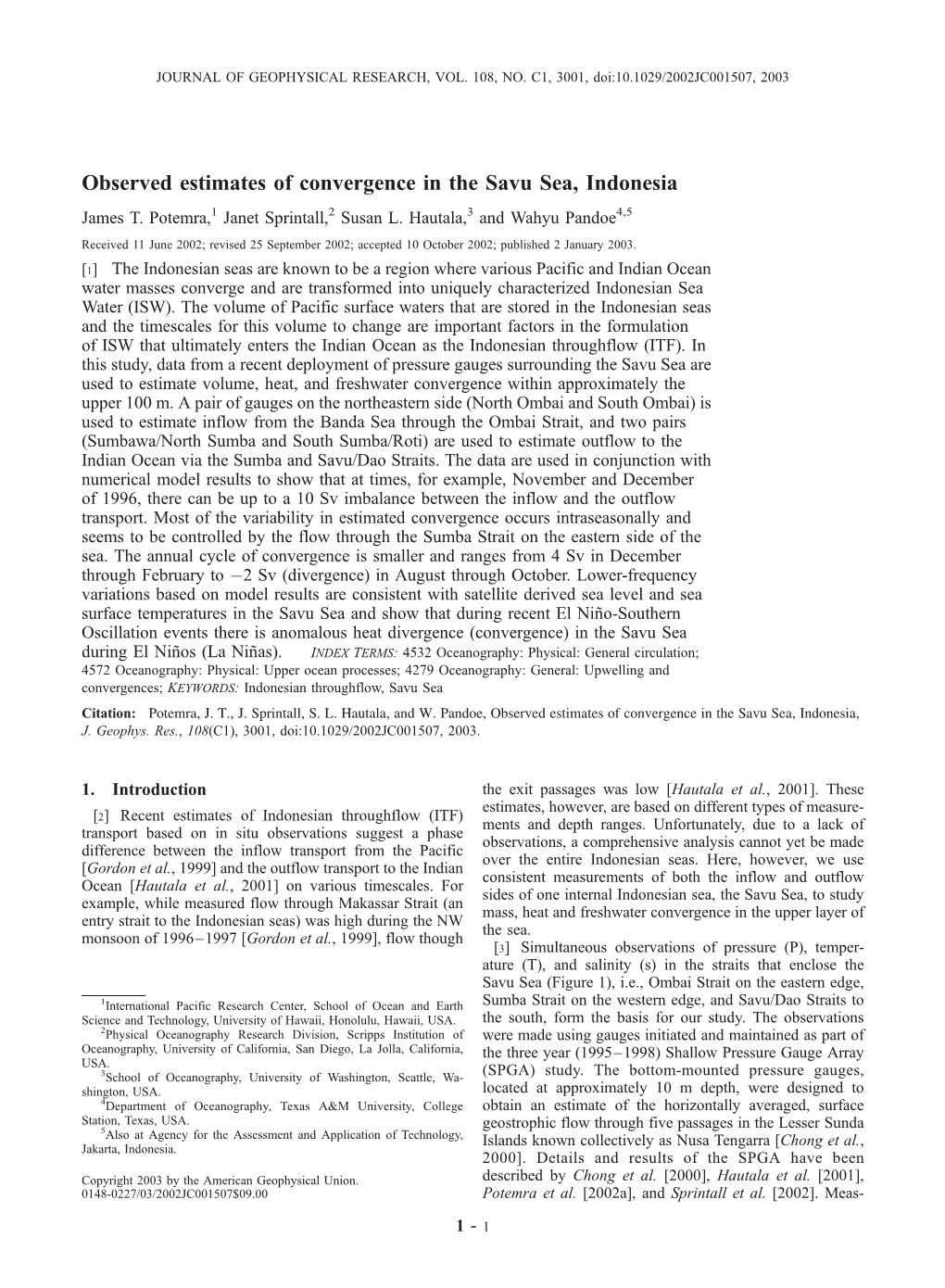 Observed Estimates of Convergence in the Savu Sea, Indonesia James T