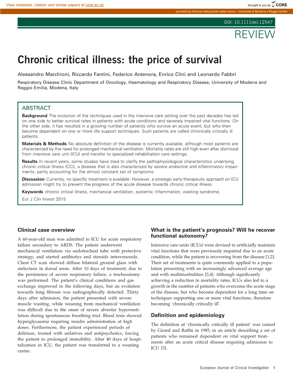 Chronic Critical Illness: the Price of Survival