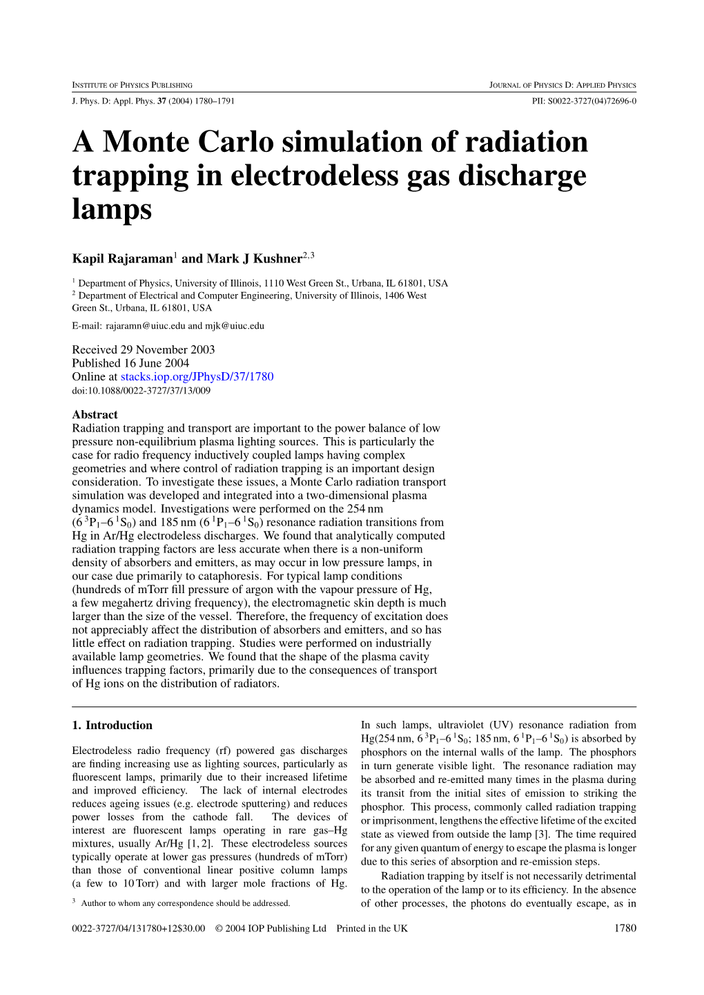 A Monte Carlo Simulation of Radiation Trapping in Electrodeless Gas Discharge Lamps