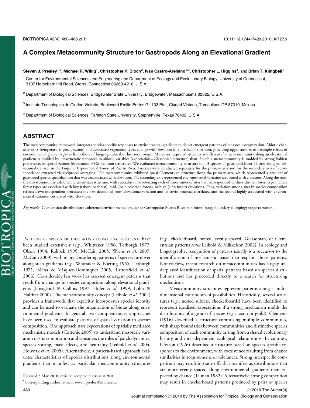 A Complex Metacommunity Structure for Gastropods Along an Elevational Gradient