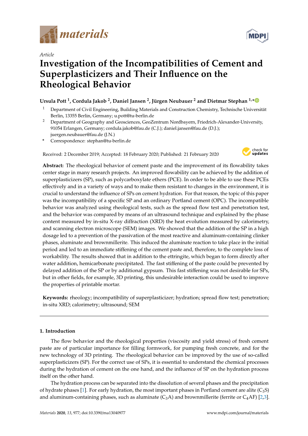 Investigation of the Incompatibilities of Cement and Superplasticizers and Their Inﬂuence on the Rheological Behavior