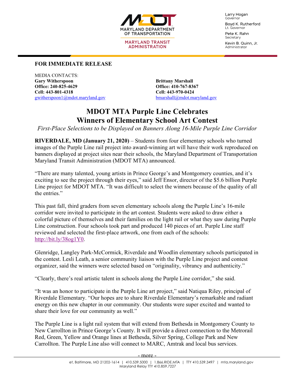 MDOT MTA Purple Line Celebrates Winners of Elementary School Art Contest First-Place Selections to Be Displayed on Banners Along 16-Mile Purple Line Corridor