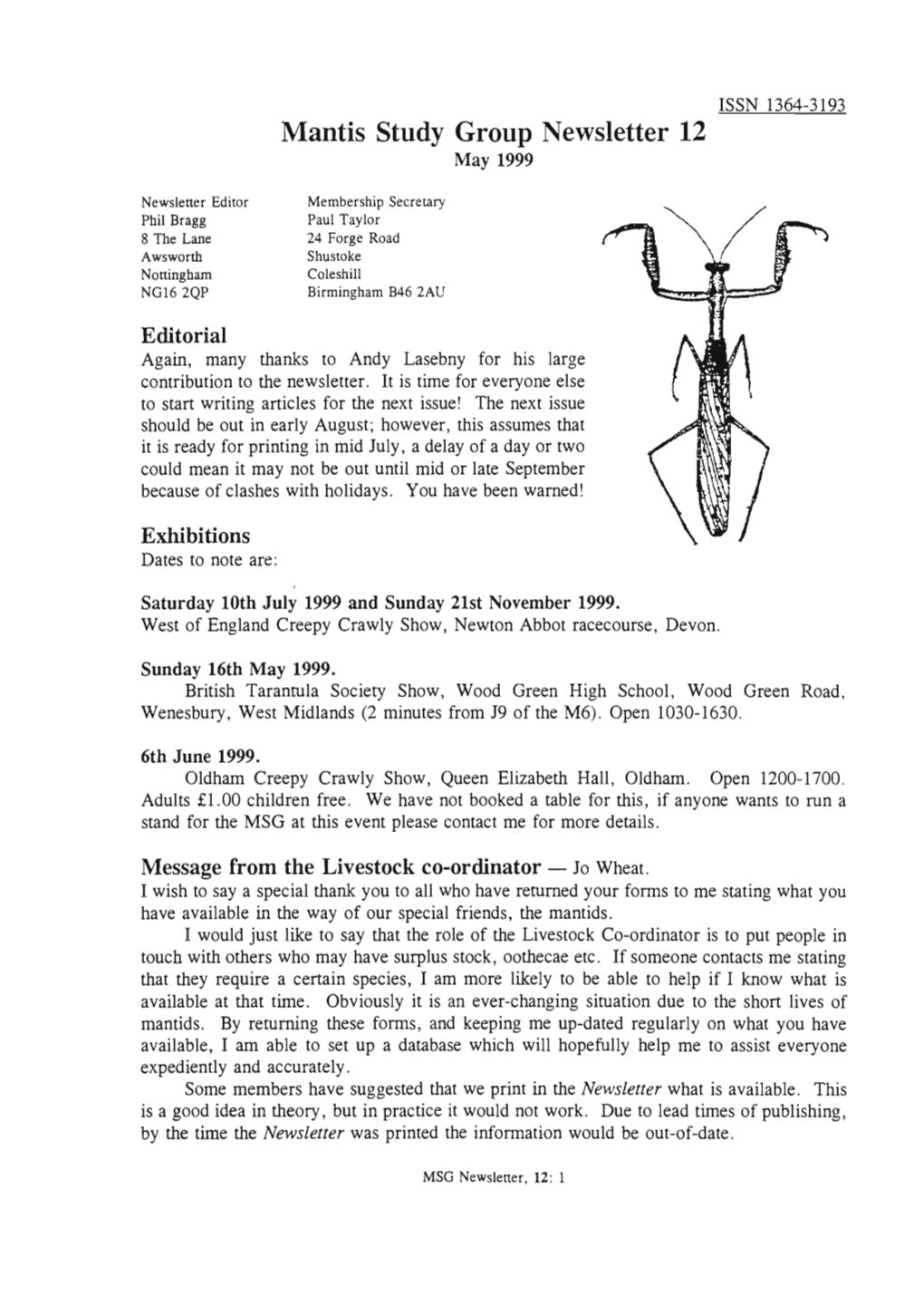Mantis Study Group Newsletter 12 (May 1999)