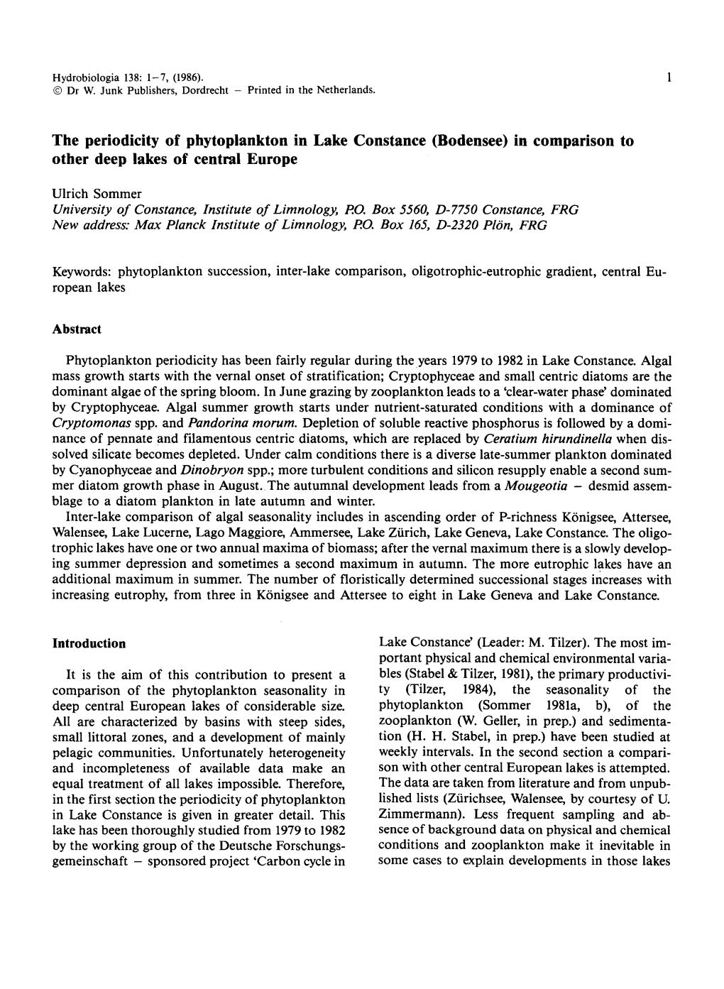 The Periodicity of Phytoplankton in Lake Constance (Bodensee) in Comparison to Other Deep Lakes of Central Europe