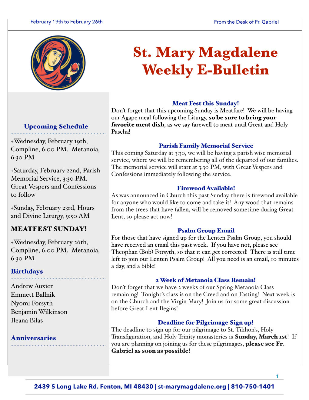 St. Mary Magdalene Weekly Bulletin