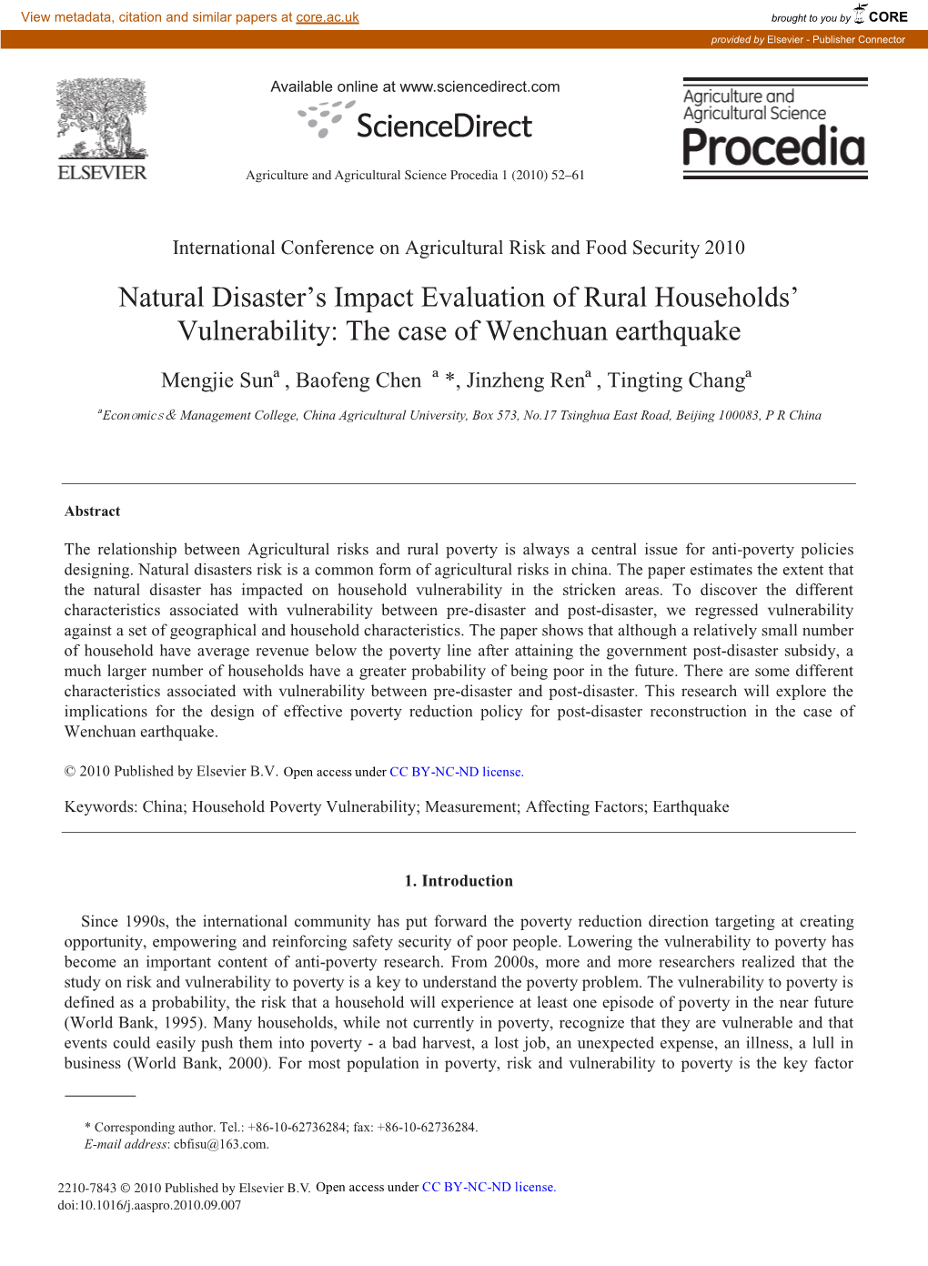 Natural Disaster's Impact Evaluation of Rural Households' Vulnerability