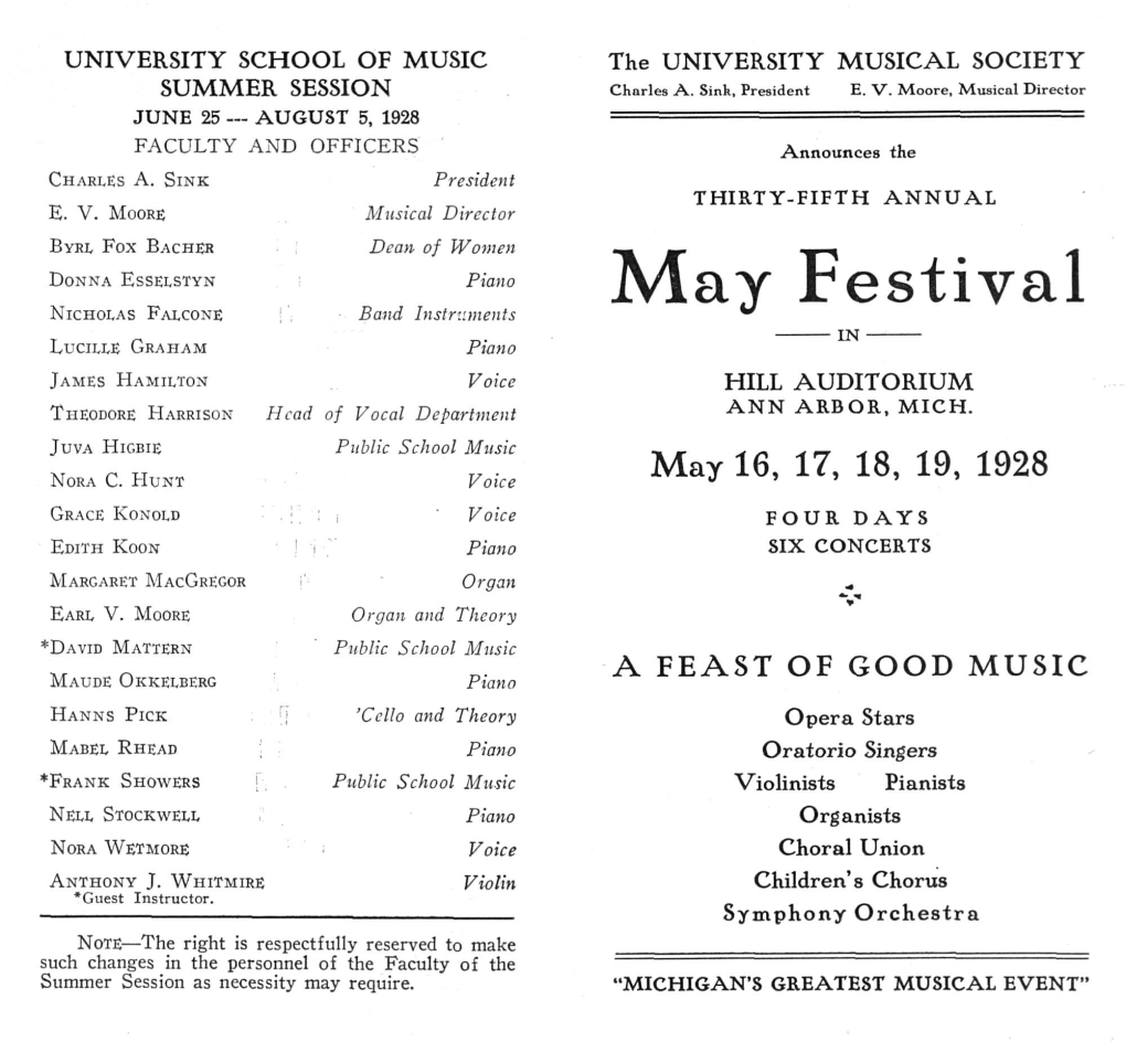 May Festival NICHOLAS FALCONE Band Instruments LUCILLE GRAHAM Piano JAMES HAMILTON Voice HILL AUDITORIUM THEODORE HARRISON Head of Vocal Department ANN ARBOR, MICH