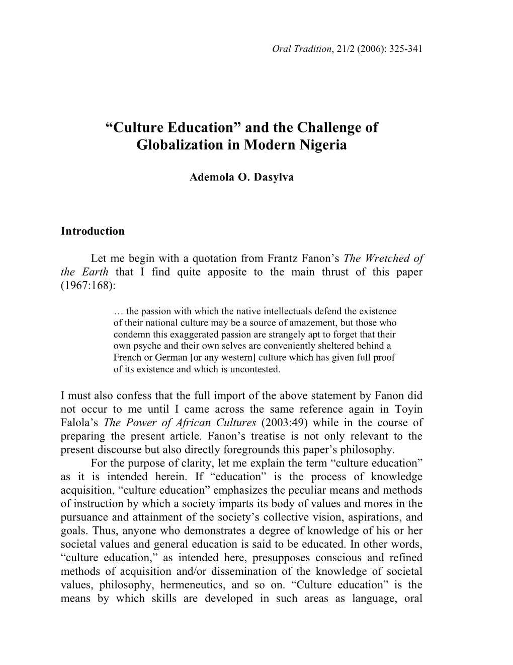 Culture Education” and the Challenge of Globalization in Modern Nigeria