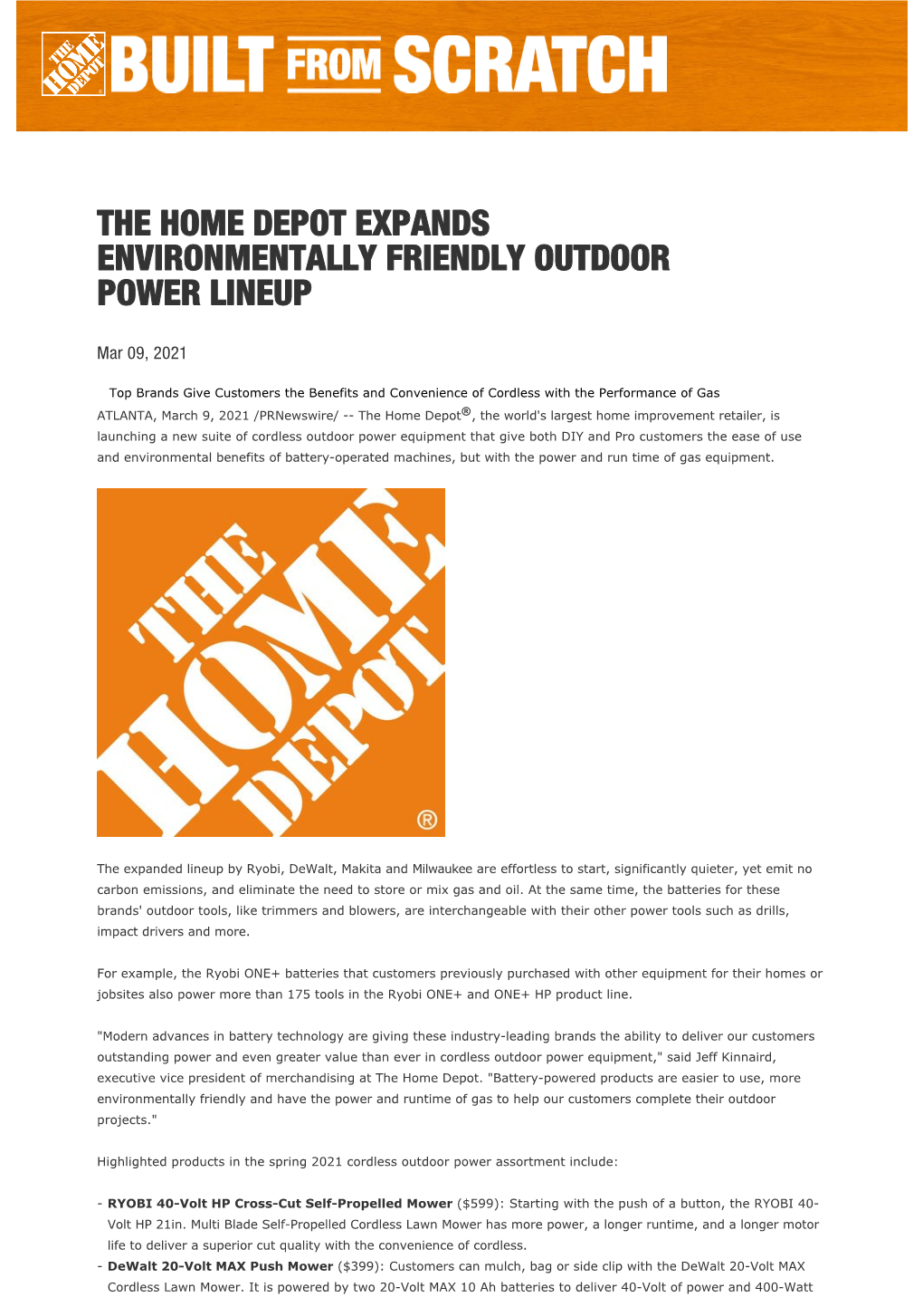 The Home Depot Expands Environmentally Friendly Outdoor Power Lineup