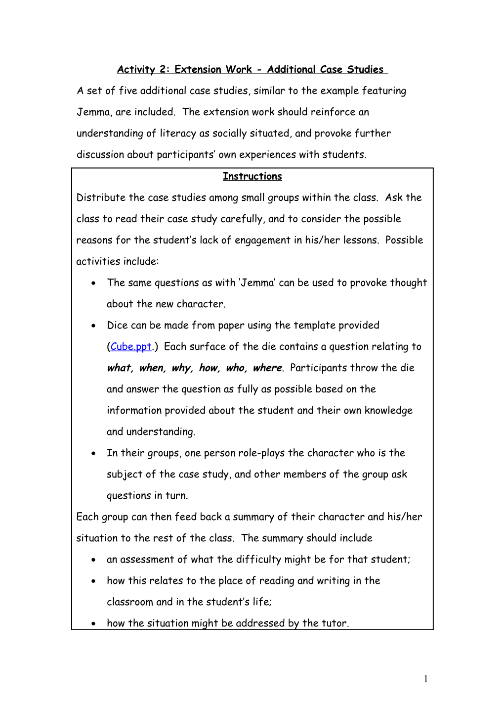 Activity 2: Extension Work - Additional Case Studies