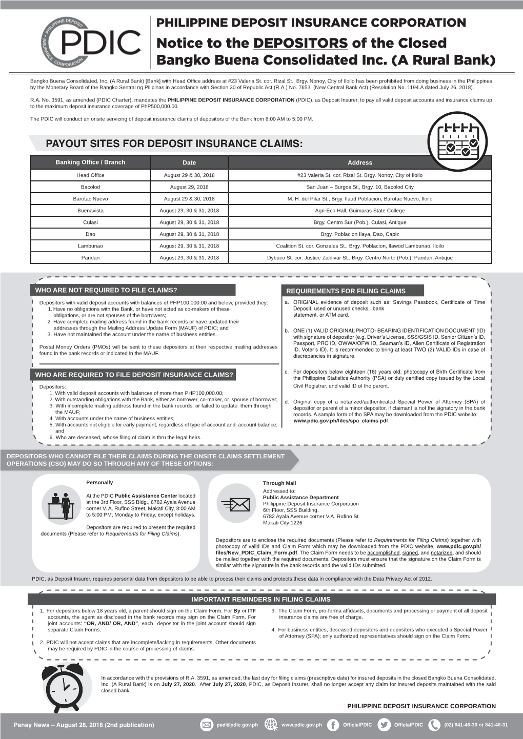 Notice to the DEPOSITORS of the Closed Bangko Buena Consolidated Inc. (A Rural Bank)