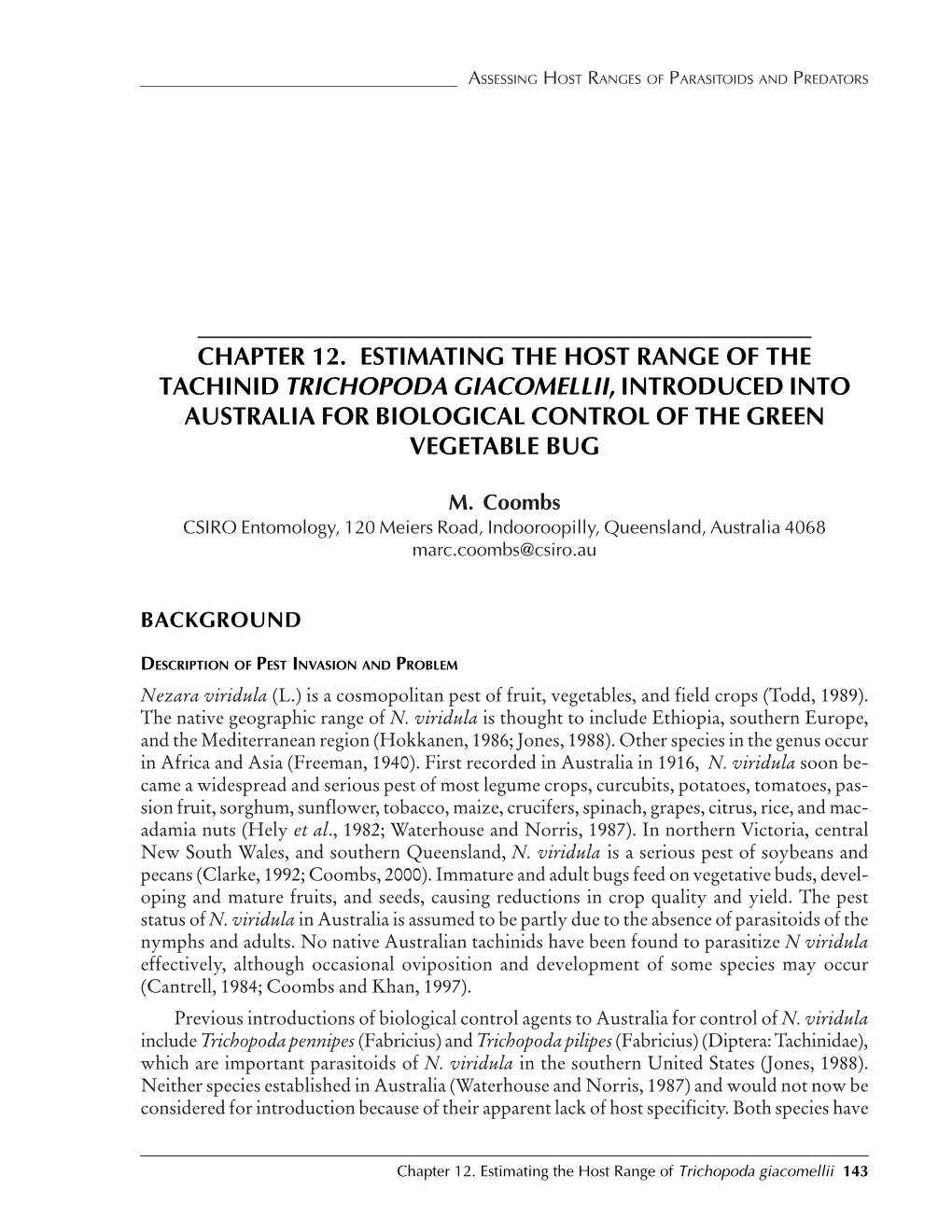 Chapter 12. Estimating the Host Range of the Tachinid Trichopoda Giacomellii, Introduced Into Australia for Biological Control of the Green Vegetable Bug