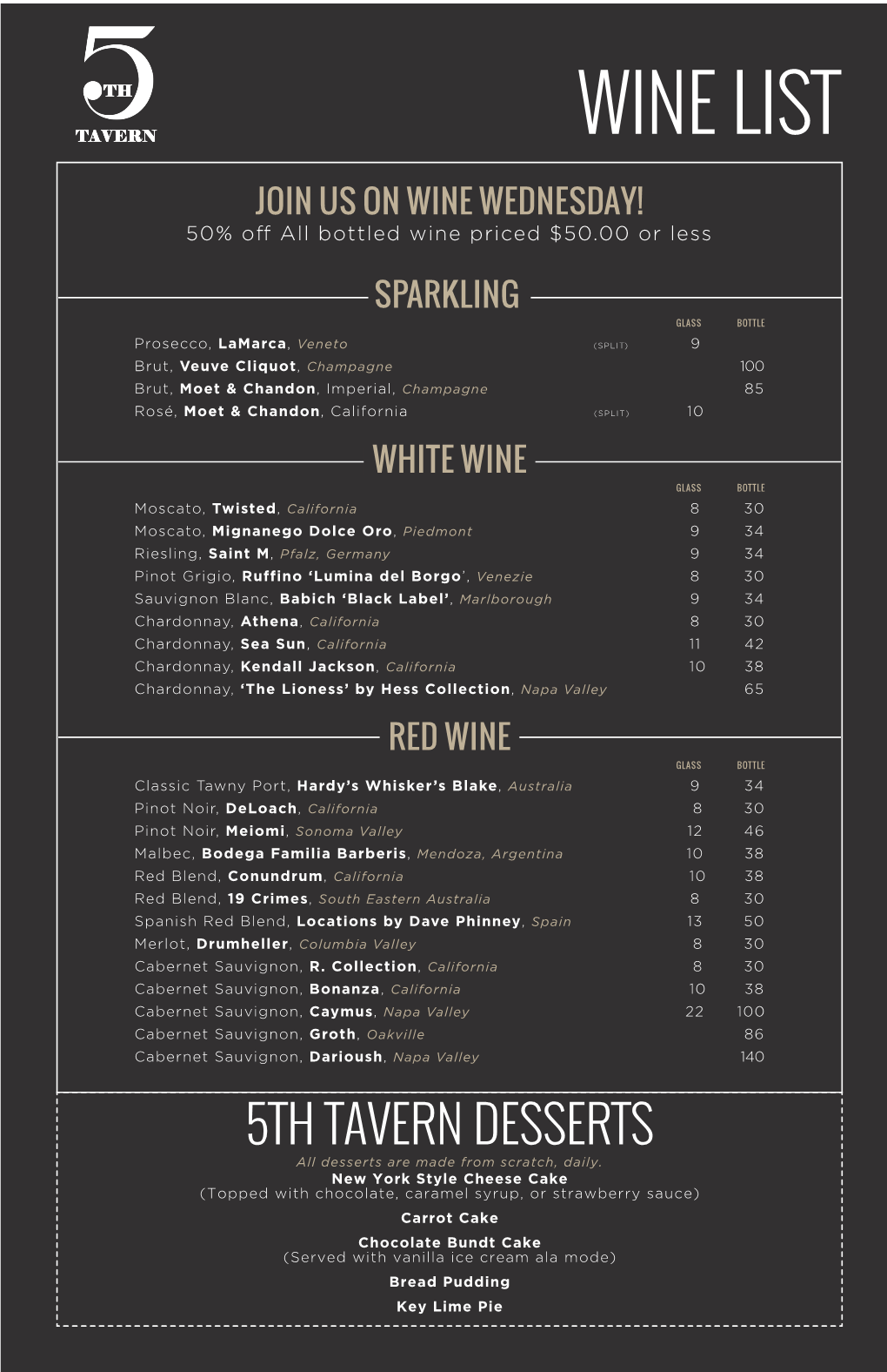 5Th Tavern 11X17 Menu