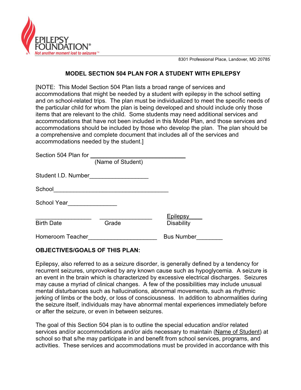 Model Section 504 Plan for a Student with Epilepsy