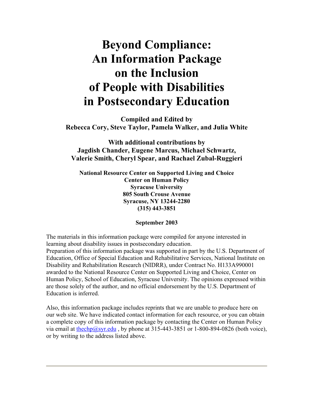 Beyond Compliance: an Information Package on the Inclusion of People with Disabilities in Postsecondary Education