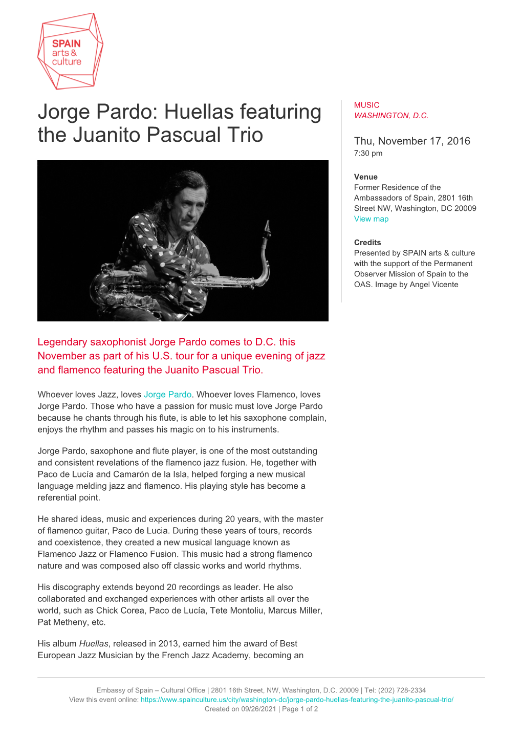 Jorge Pardo: Huellas Featuring the Juanito Pascual Trio