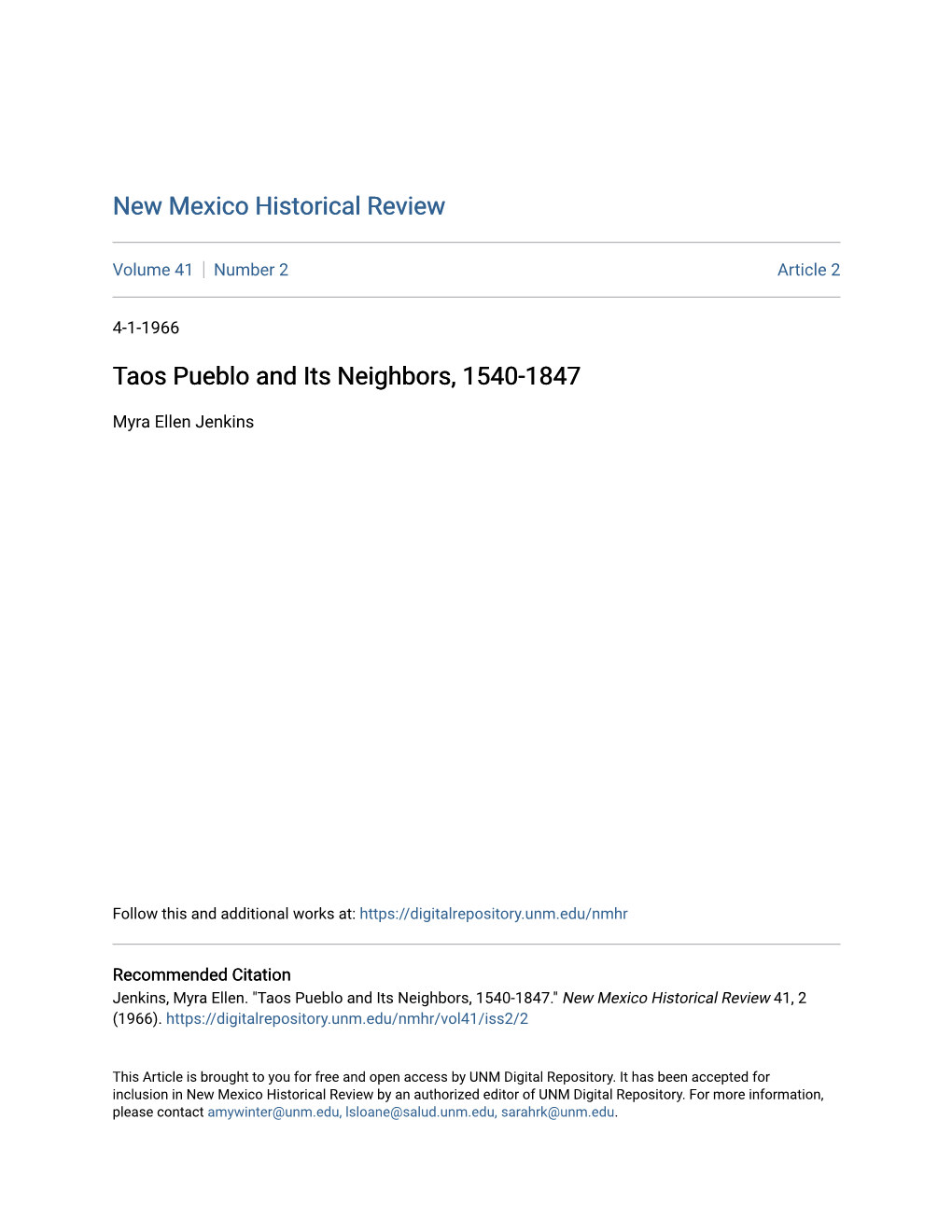 Taos Pueblo and Its Neighbors, 1540-1847