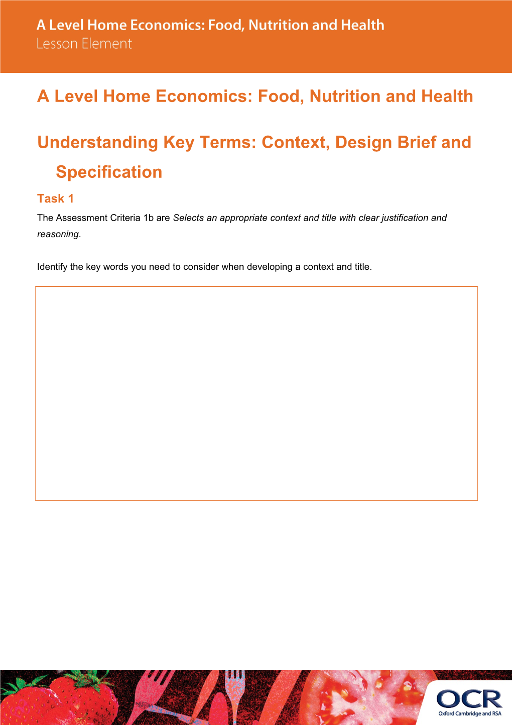 A Level Home Economics: Food, Nutrition and Health Lesson Element Learner Activity