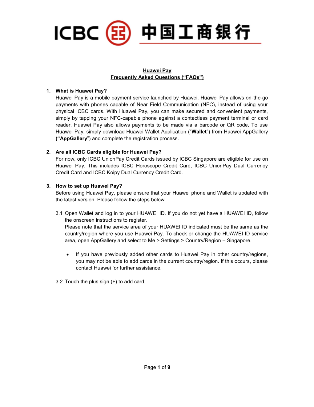 Page 1 of 9 Huawei Pay Frequently Asked Questions (“Faqs”)