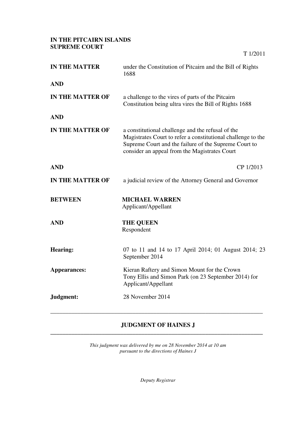 In the Pitcairn Islands Supreme Court T 1/2011 In