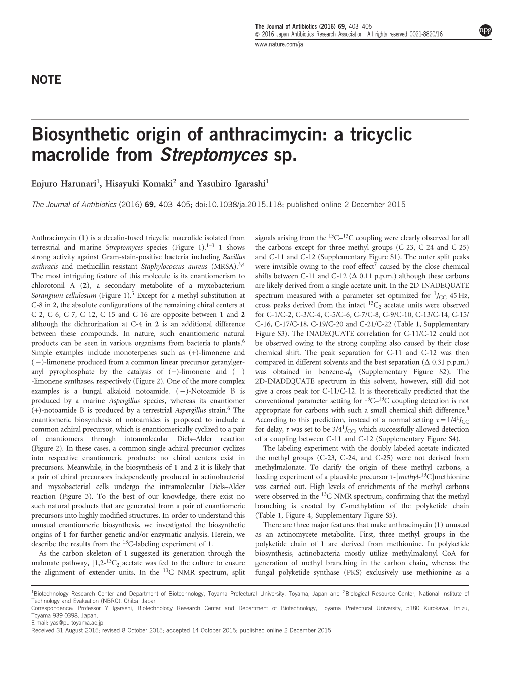 Biosynthetic Origin of Anthracimycin: a Tricyclic Macrolide from Streptomyces Sp