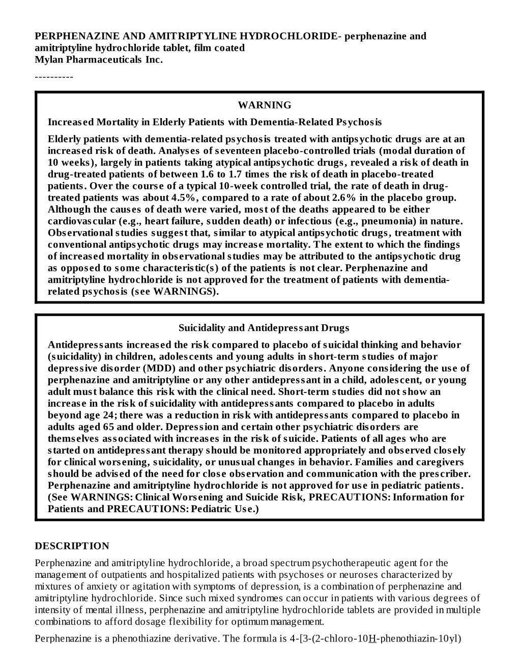 PERPHENAZINE and AMITRIPTYLINE HYDROCHLORIDE- Perphenazine and Amitriptyline Hydrochloride Tablet, Film Coated Mylan Pharmaceuticals Inc