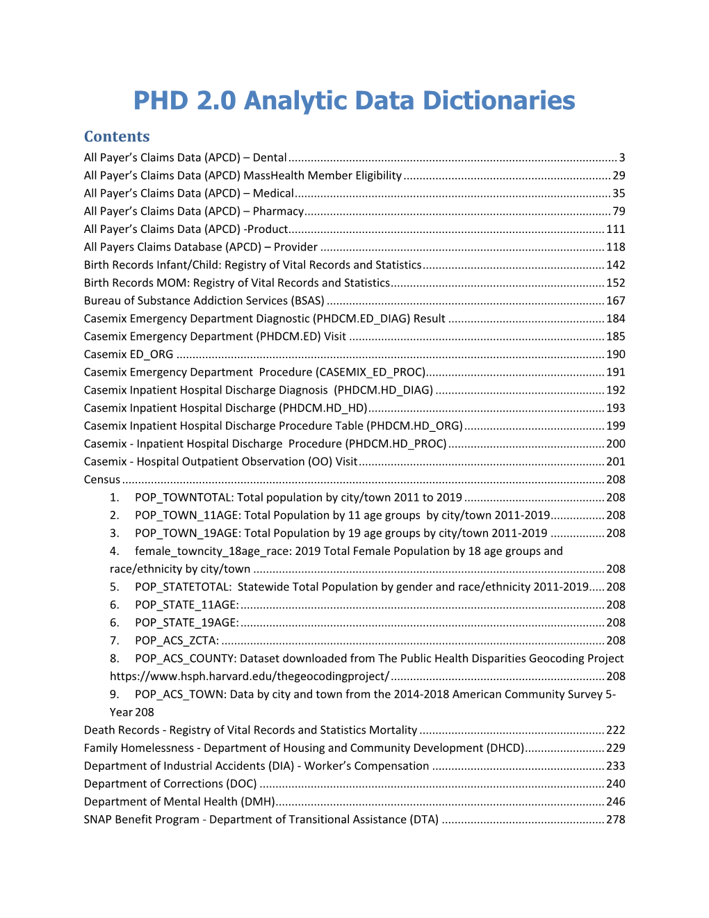 PHD 2.0 Analytic Data Dictionaries Contents All Payer’S Claims Data (APCD) – Dental
