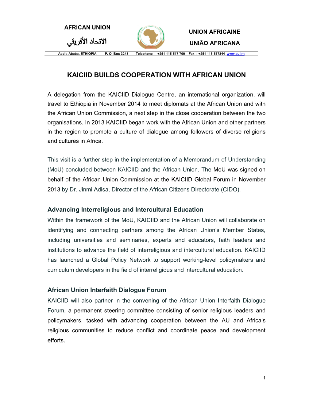 Kaiciid Builds Cooperation with African Union