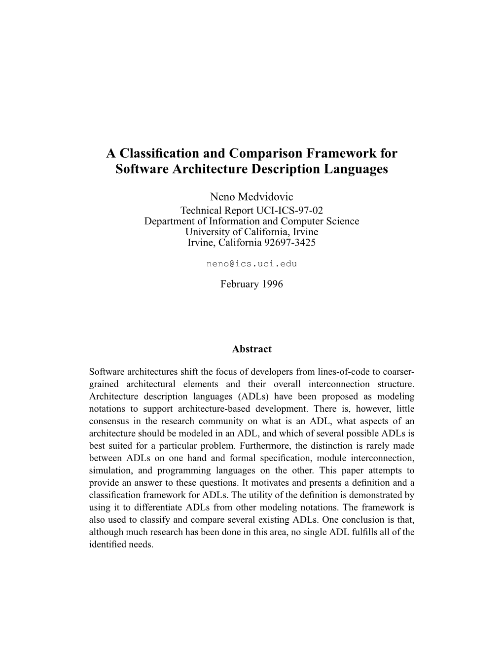 A Classification and Comparison Framework for Software Architecture Description Languages