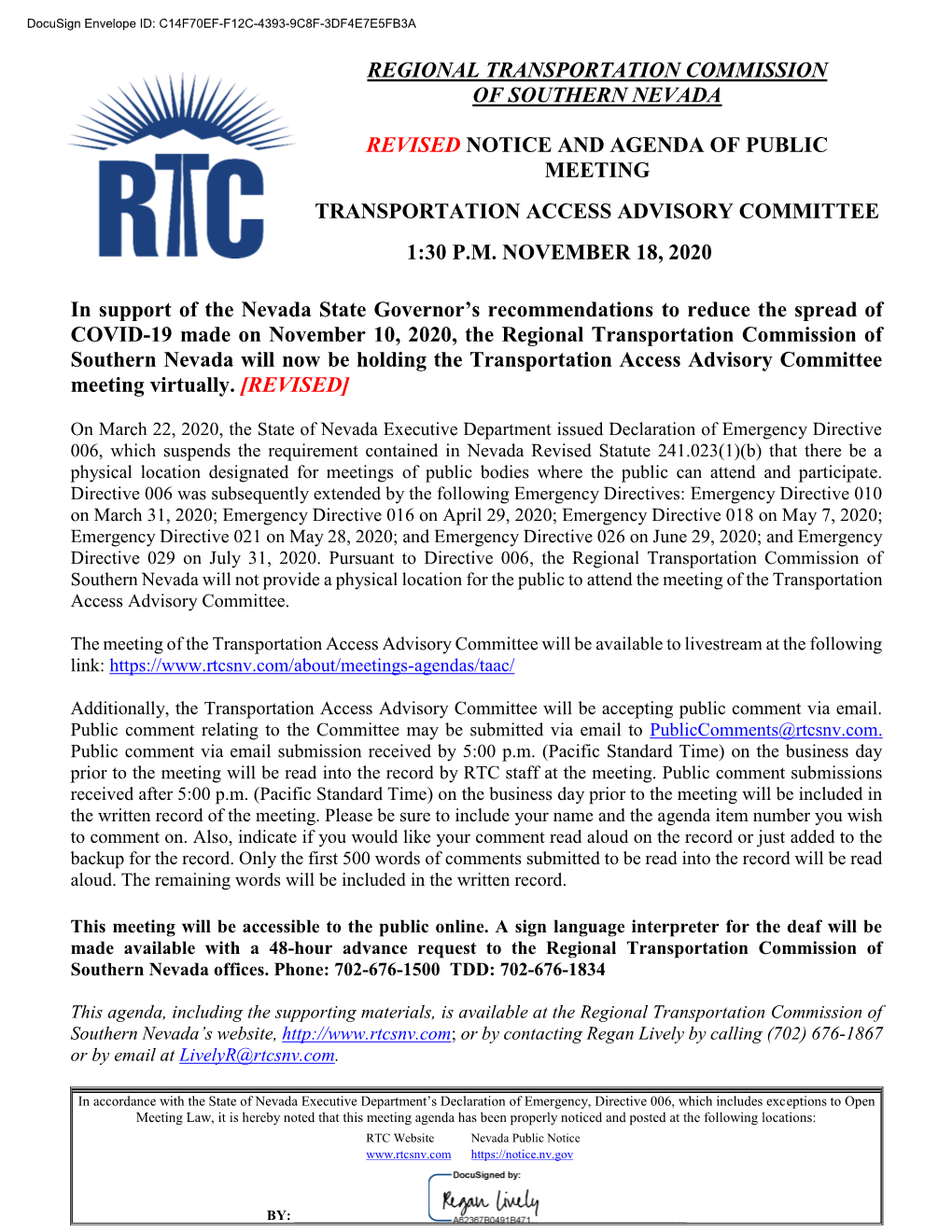 Regional Transportation Commission of Southern Nevada Revised Notice and Agenda of Public Meeting Transportation Access Advisor