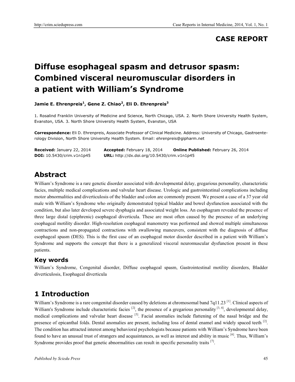 Diffuse Esophageal Spasm and Detrusor Spasm: Combined Visceral Neuromuscular Disorders in a Patient with William’S Syndrome