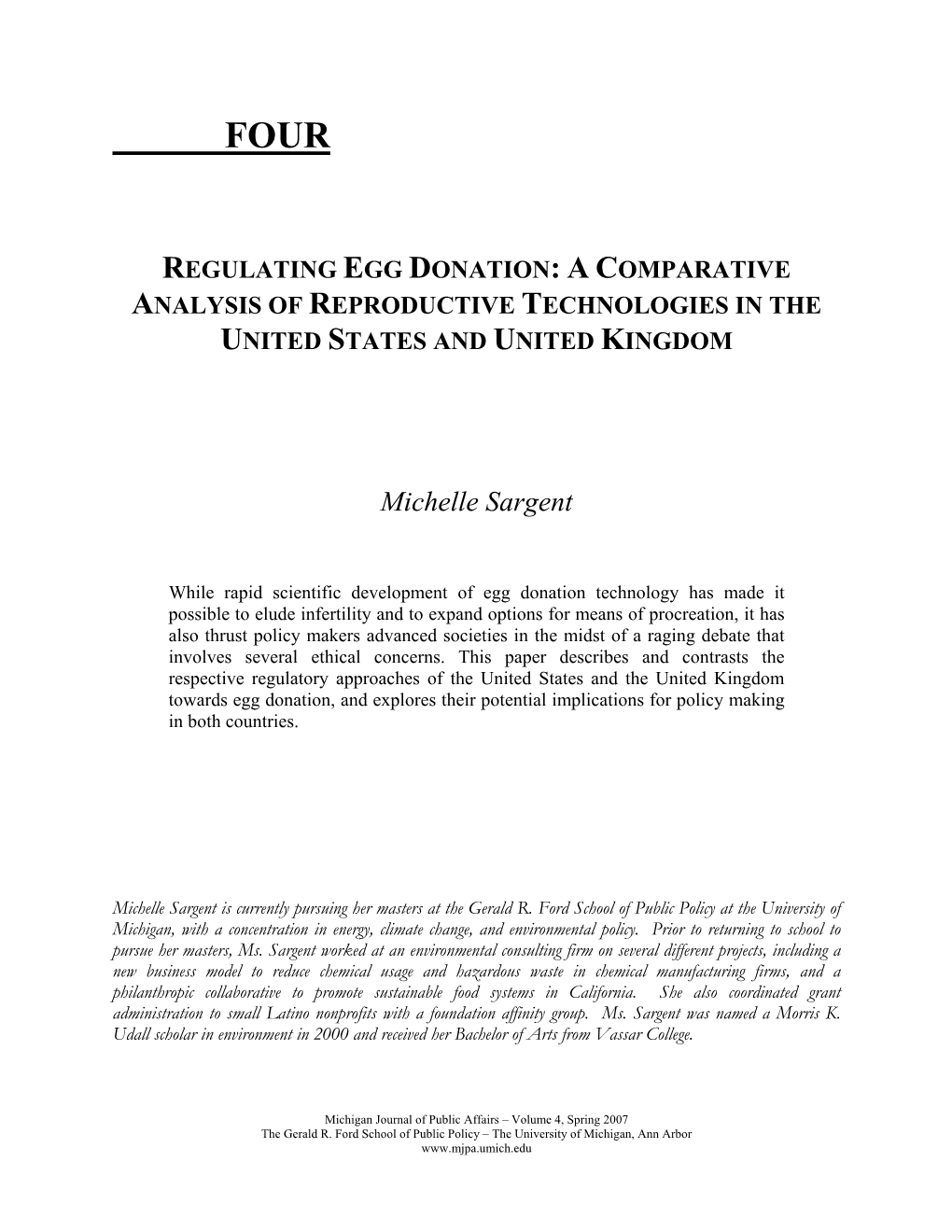 Regulating Egg Donation: a Comparative Analysis of Reproductive Technologies in the United States and United Kingdom